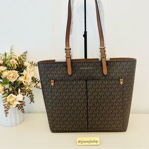Michael Kors Jet Set Travel Tote Double Pocket Brown Signature MK